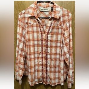 Bit & Bridle Western Shirt - Plaid w/ Maroon Embroidery Sz 1X Button Long Sleeve